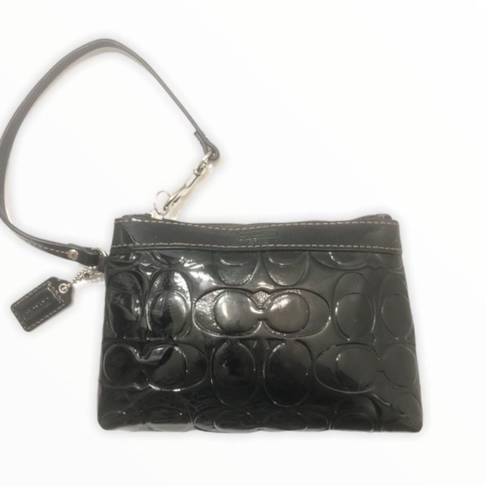 Coach embossed black leather wristlet clutch bag